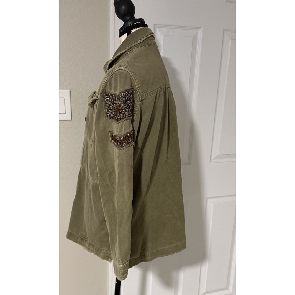 Free People Embellished Military Shirt Jacket Olive Green Beaded Utility - Picture 5 of 10